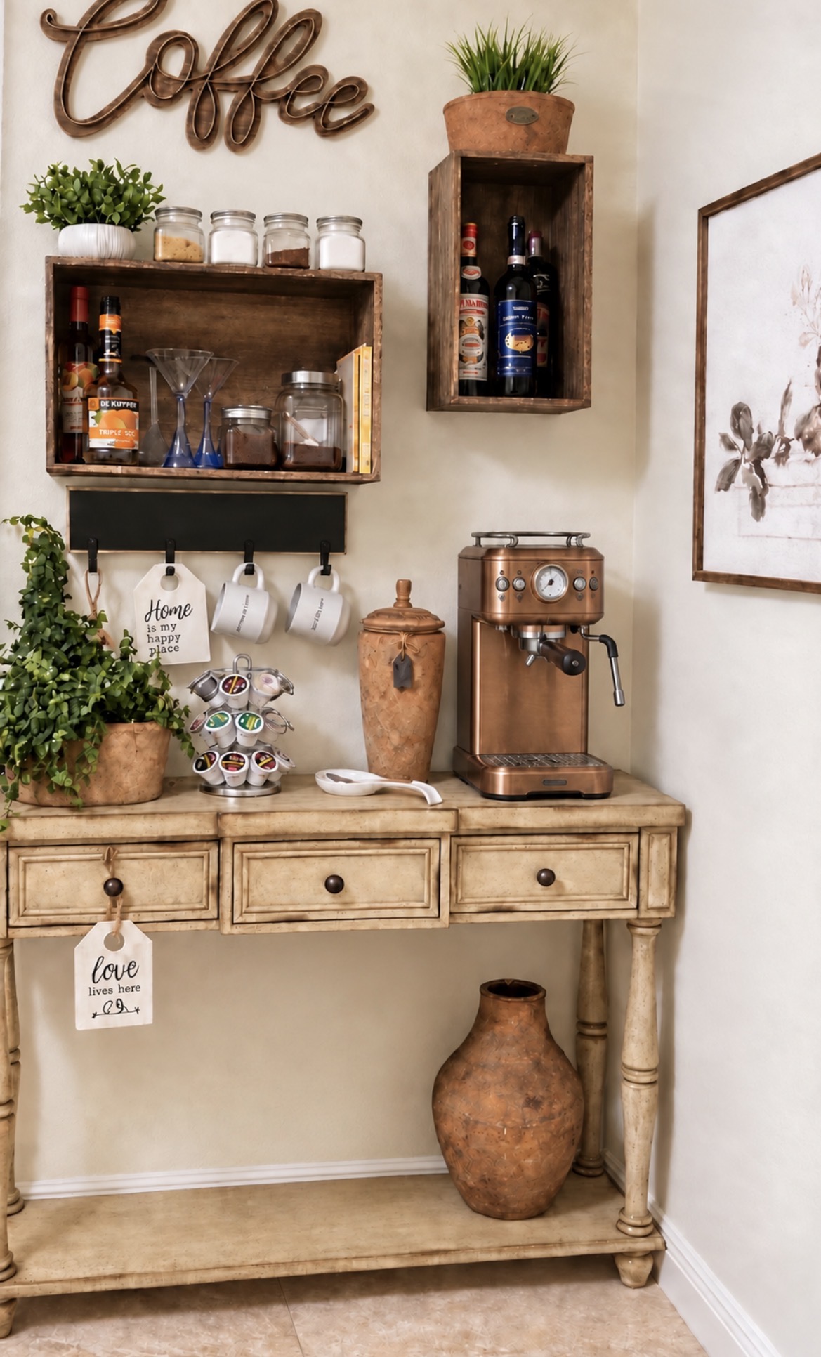 Warm coffee station styled with copper, wood and trailing greenery