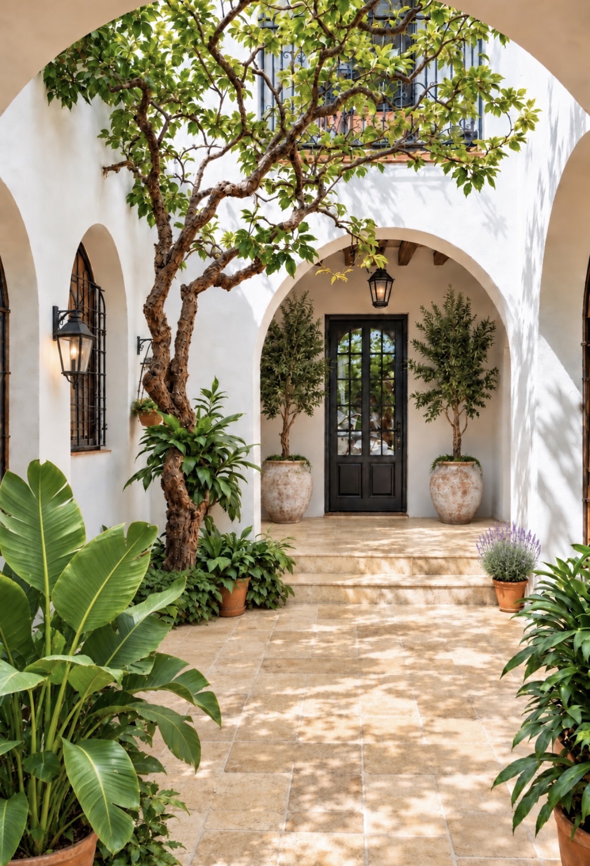 Sunlit Mediterranean courtyard with white arches, olive trees and layered tropical greenery