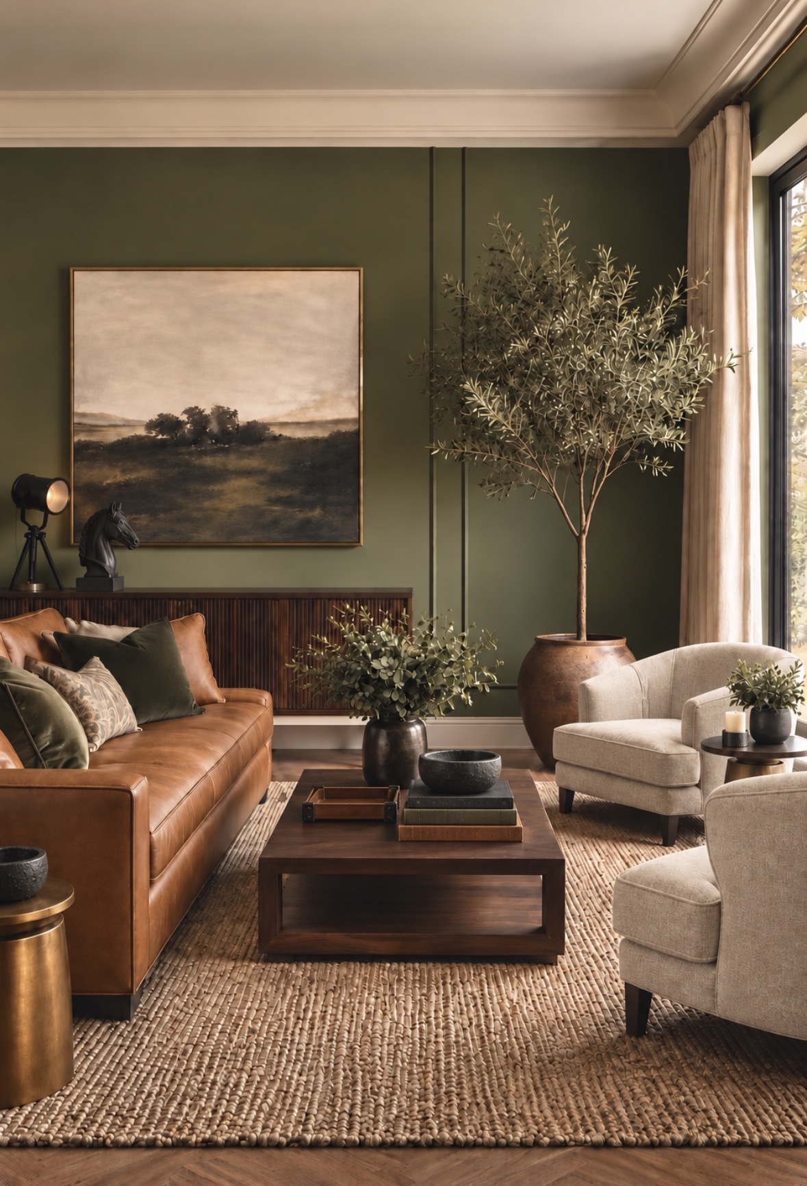 Olive green living room with cognac leather, natural wood and layered organic textures