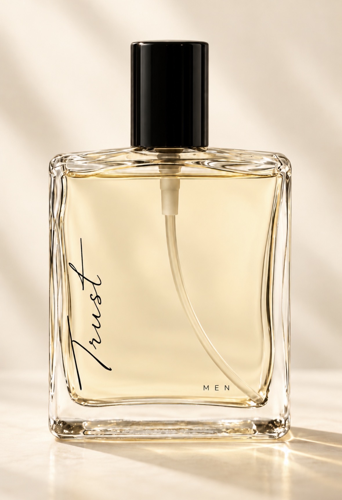 TRUST for Men square glass fragrance bottle with black cap