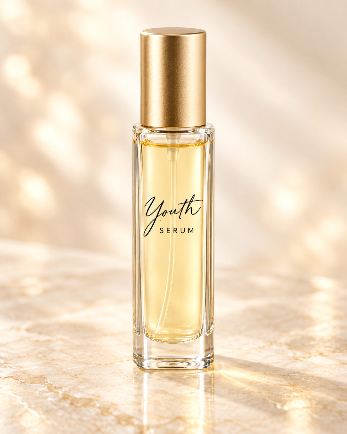 Circle of TRUST Youth Serum filled with golden serum in a tall clear glass bottle with a gold cap